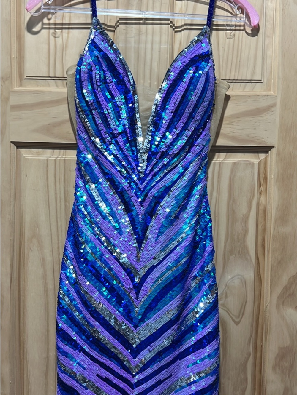 Alyce Paris Iridescent Blue and Purple Sequin Plunge Gown